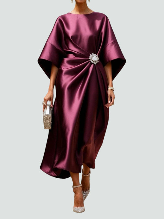 Formal dresses for women, cape sleeve draped maxi dress with brooch