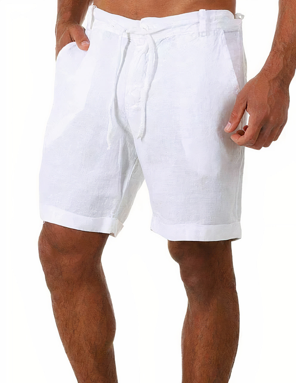 Mens shorts with drawstring waist, side pockets and rolled hems