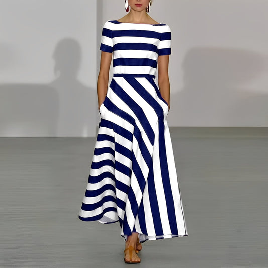 Short sleeve maxi dresses for women with striped pattern and pockets