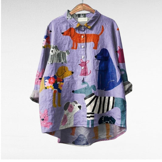 Blouse for women with dog print, long sleeve and half button placket