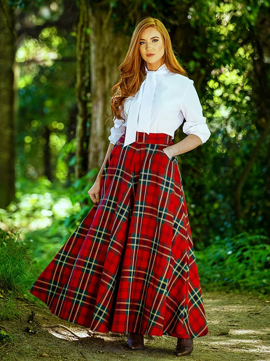 A-line tartan skirt for women with elastic waist and pockets