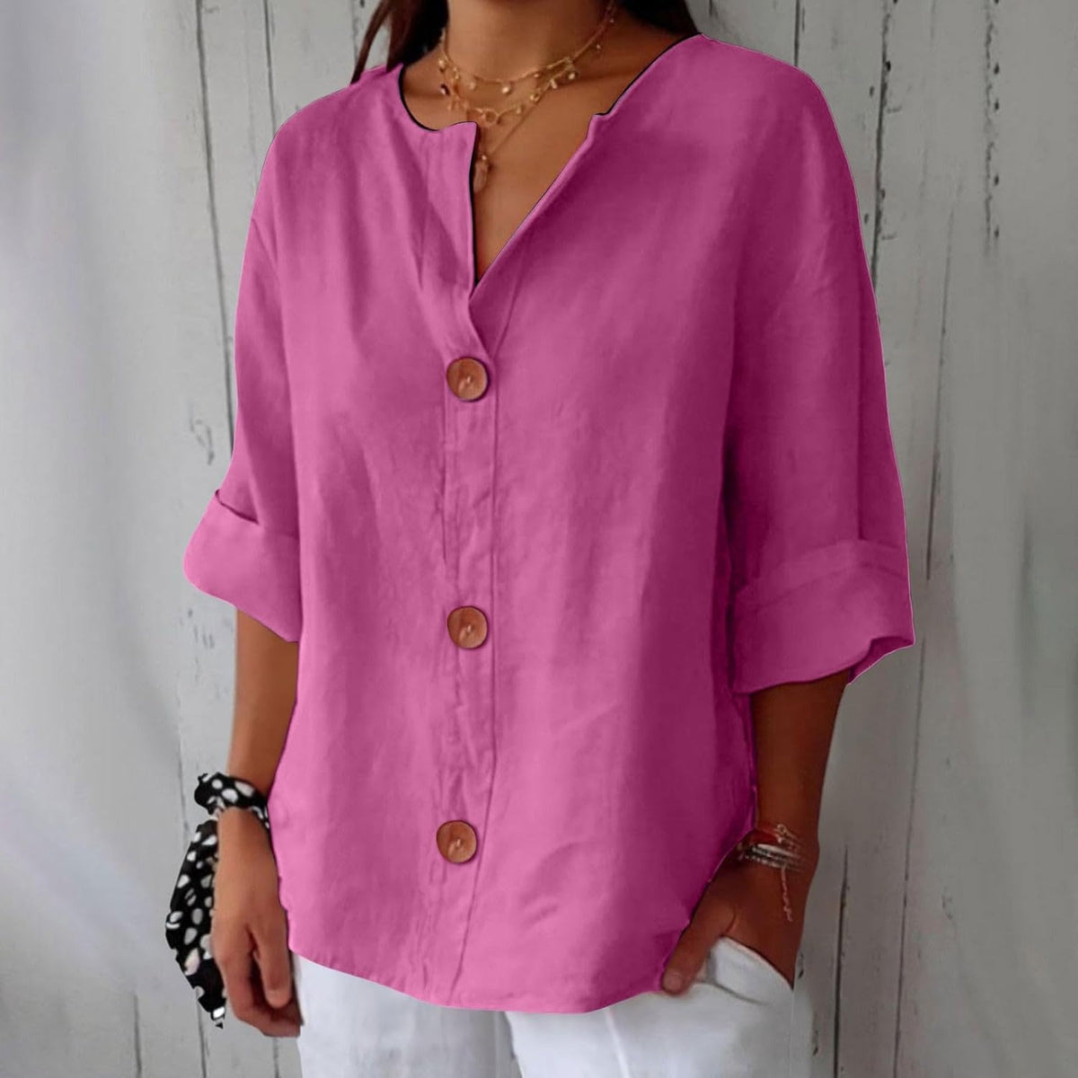 Button up blouse for women with v-neck and three quarter sleeves