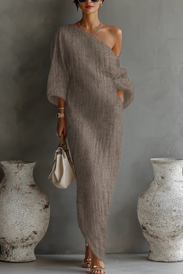 One shoulder maxi dresses for women with lantern sleeves and pockets