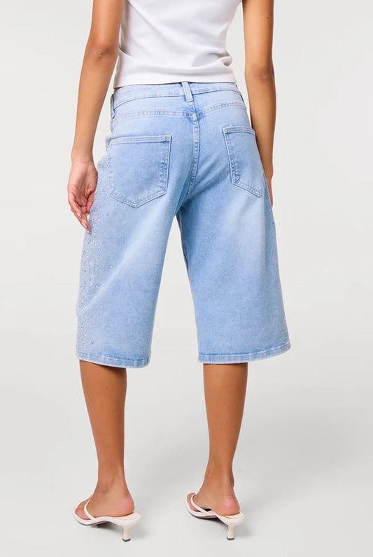 Womens shorts denim bermuda with mid waist and diamante detail