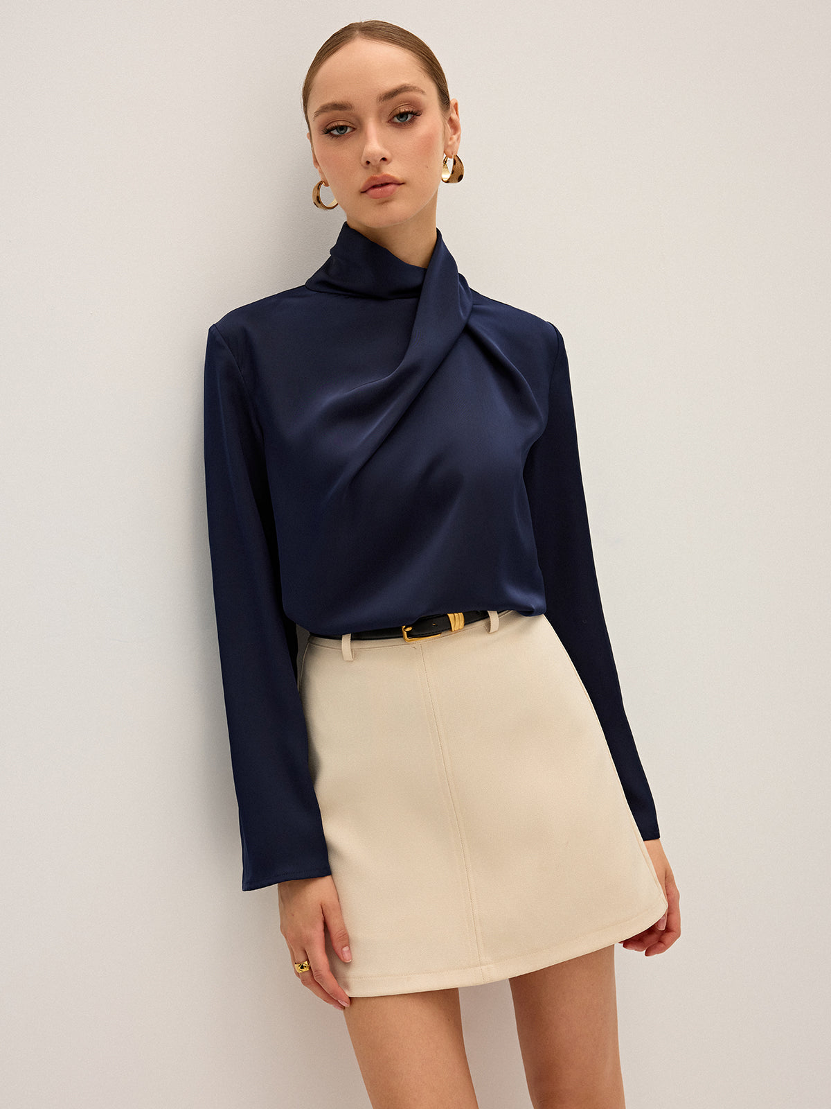 Draped high neck blouse for women with long sleeves
