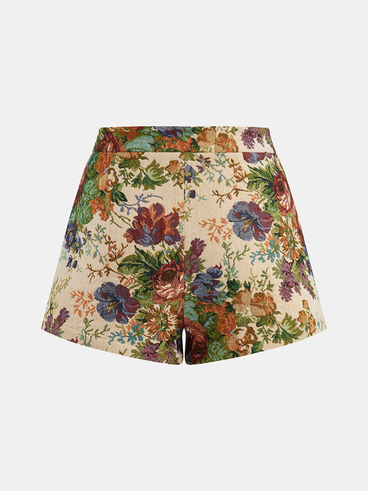 Womens shorts with a floral print and mid waist design