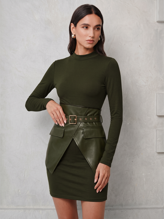 Long sleeve mini dress with faux leather belted overlay for women