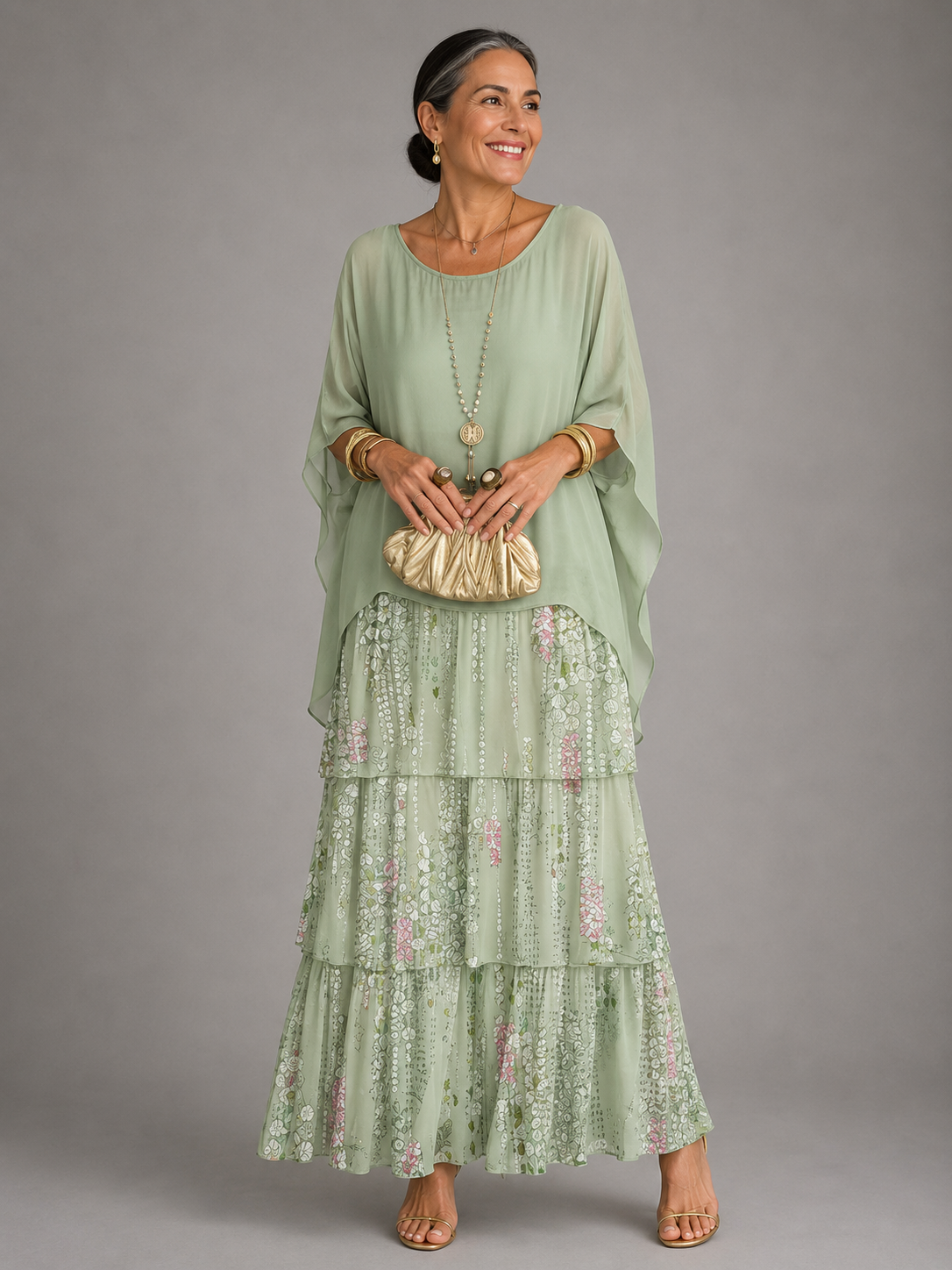Wedding guest dress tiered maxi with cape sleeves for women