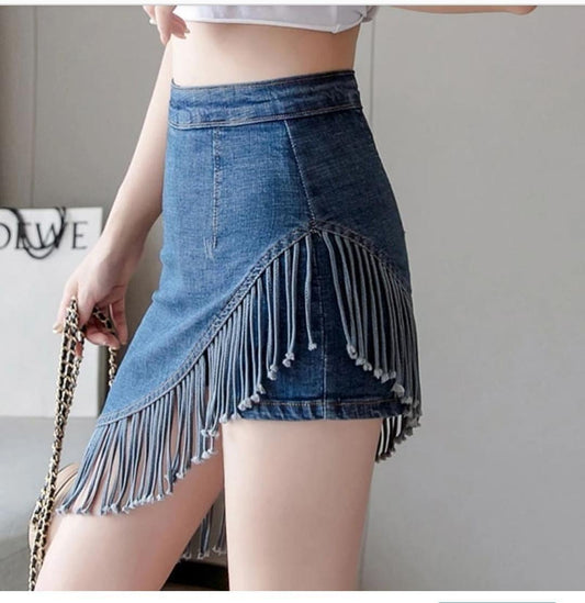 Asymmetric denim mini skirt with fringe hem for women