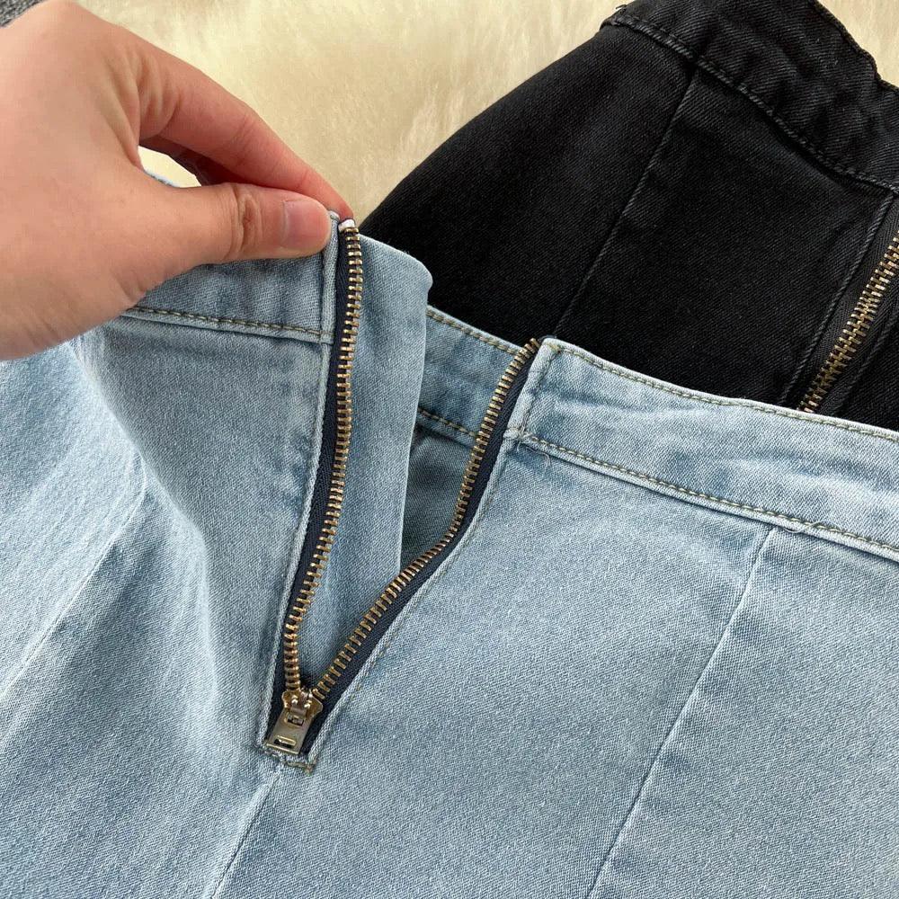 Fishtail denim midi skirt for women with high waist and back zip
