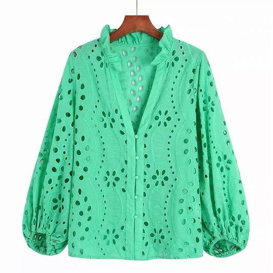 Broderie anglaise blouse for women with puff sleeves and frill neck