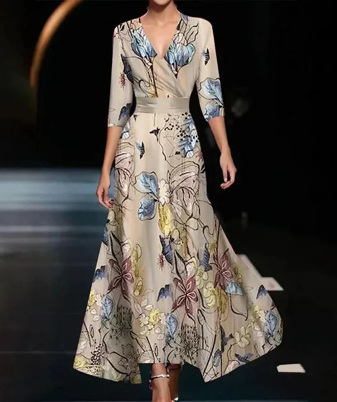 Maxi dresses for women with v-neck and three quarter sleeves