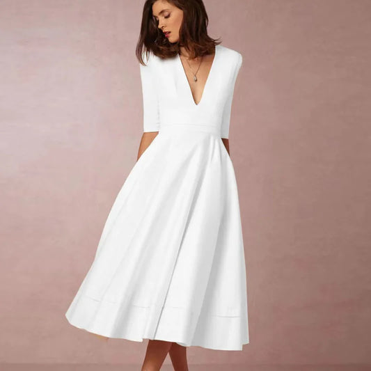 A-line midi dress with deep v-neck and 3/4 sleeves for women