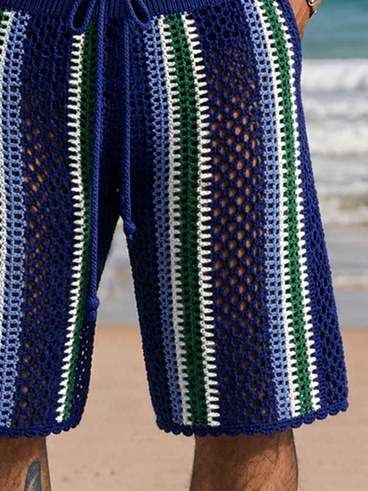 Mens shorts with crochet knit detail and drawstring waist