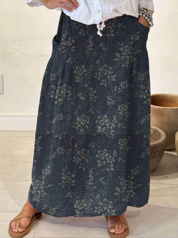 Maxi skirt for women with elastic waist, side pockets and floral print