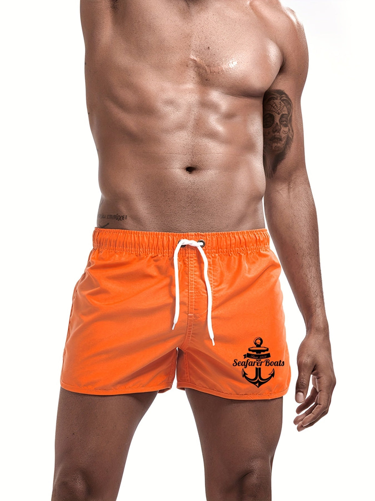 Board shorts for men with drawstring waist and anchor print