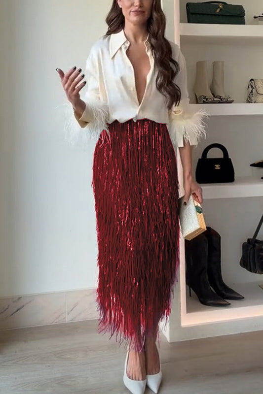 High waist layered sequin fringe midi skirt for women