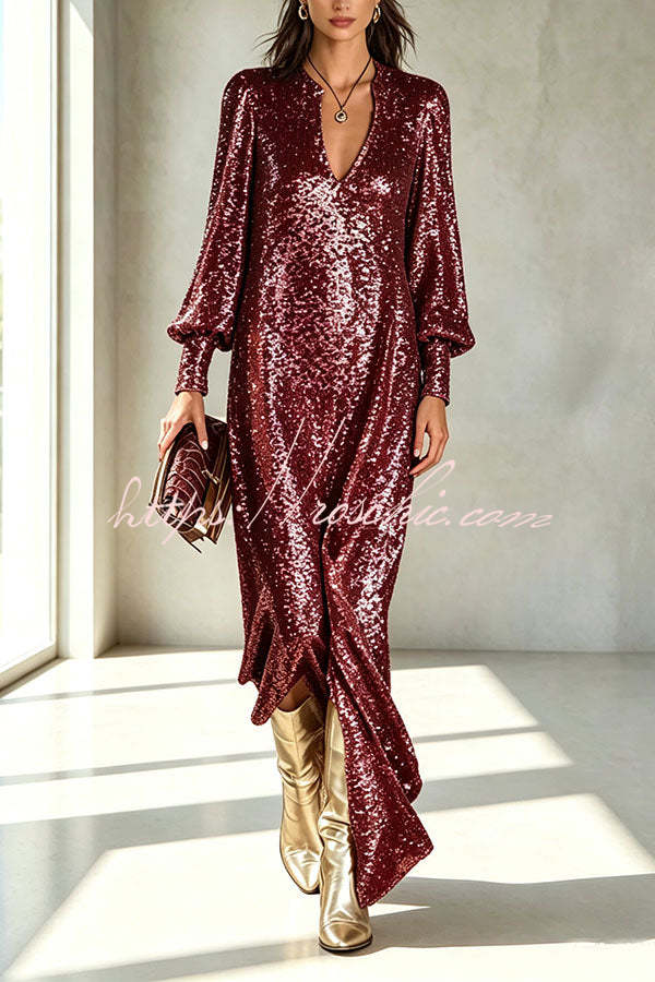 Sequin cocktail dresses for women with V-neck and balloon sleeves