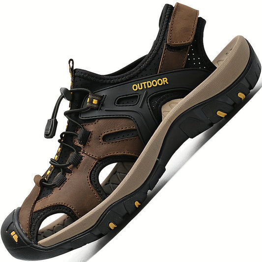 Men sandals with closed toe, toggle lacing and hook and loop heel strap for hiking