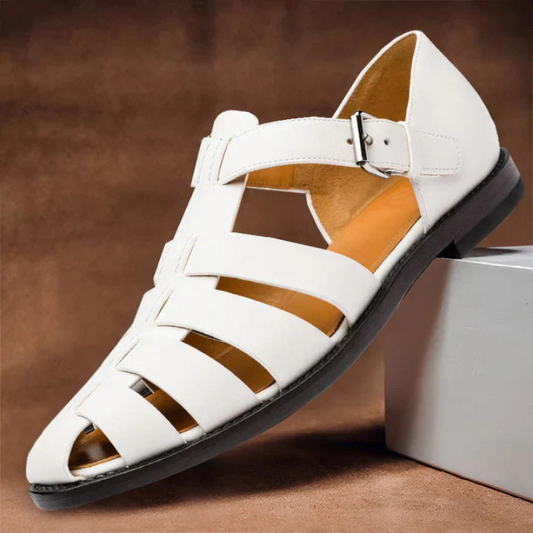 Men sandals fisherman design with closed toe, woven front straps and low stacked heel