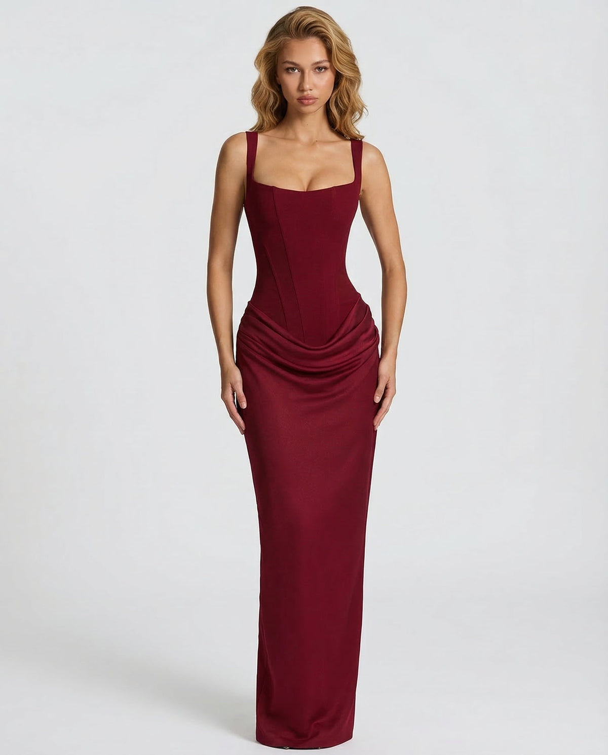 Formal dresses for women, square neck maxi dress with draped waist