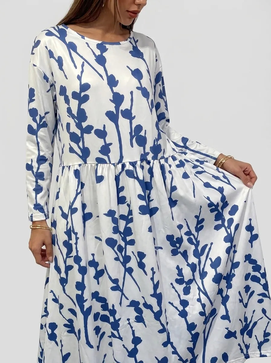 Round neck midi dress for women with long sleeves and pockets
