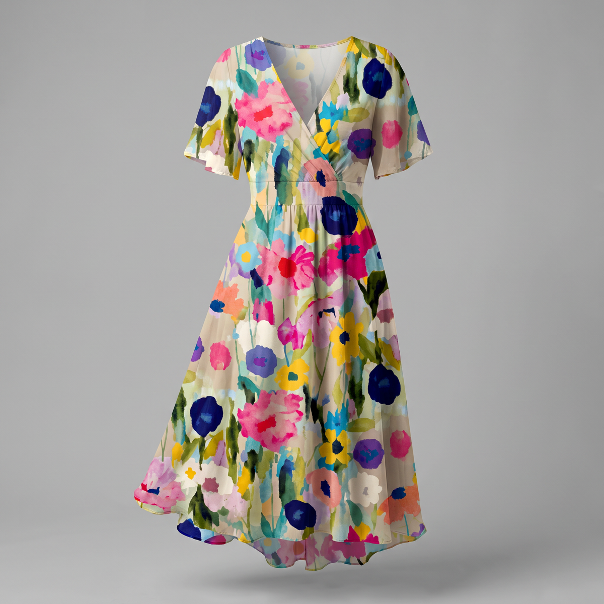 Summer dresses for women, floral V-neck midi dress with tie waist