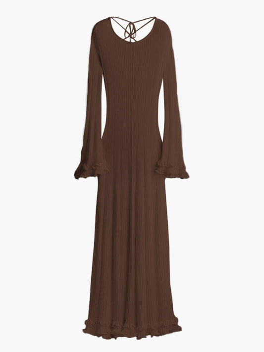 Open back maxi dresses for women with trumpet sleeves and frill hem