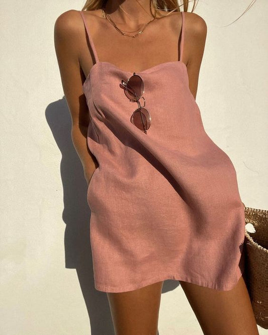 Mini dress with spaghetti straps and straight neckline for women