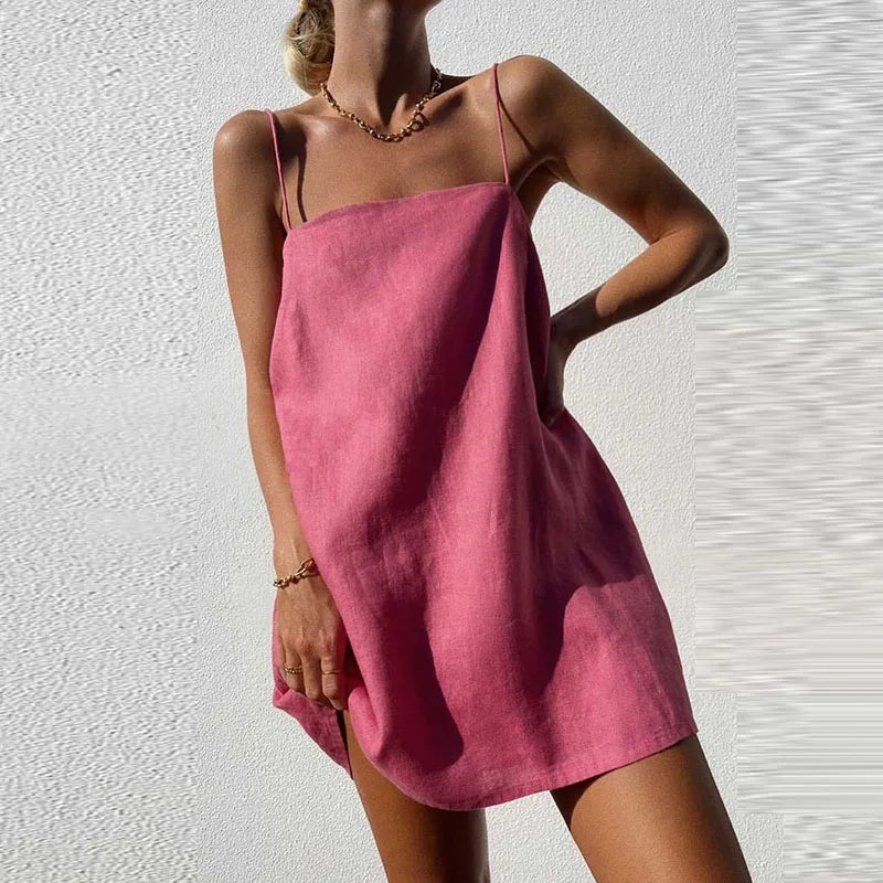 Mini dress with spaghetti straps and straight neckline for women