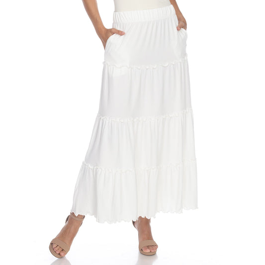 Tiered maxi skirt for women with ruffled hem, A-line fit and side pockets