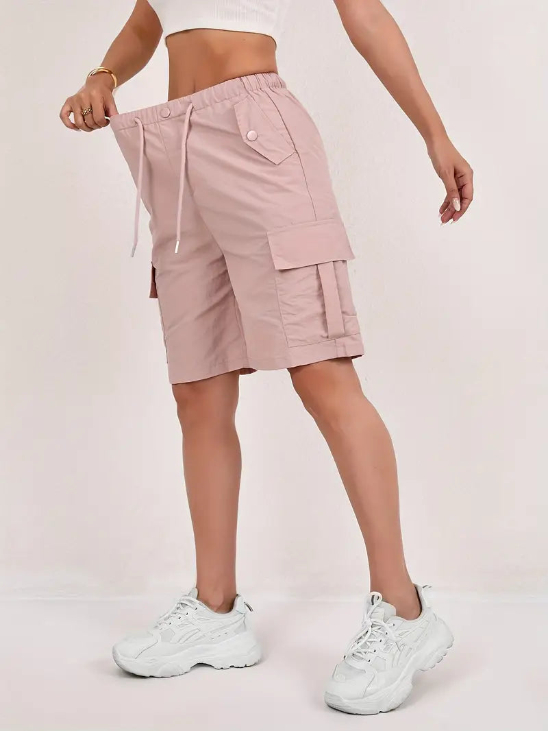 Womens shorts with cargo pockets, drawstring and elastic waist