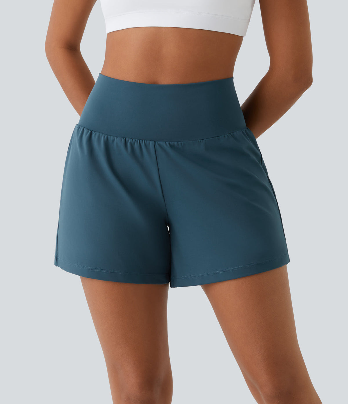 Womens shorts with high waist, 2 in 1 design and side phone pocket