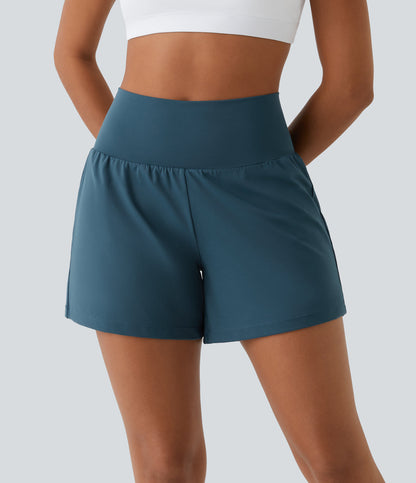 Womens shorts with high waist, 2 in 1 design and side phone pocket