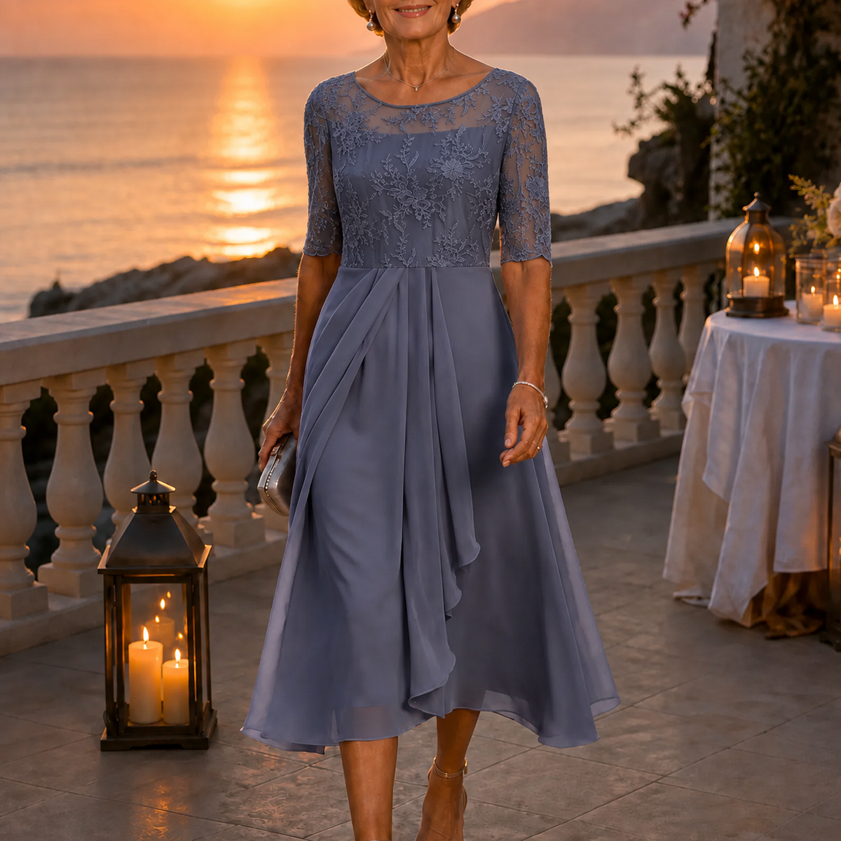 Wedding guest dress for women with lace bodice and 3/4 sleeves
