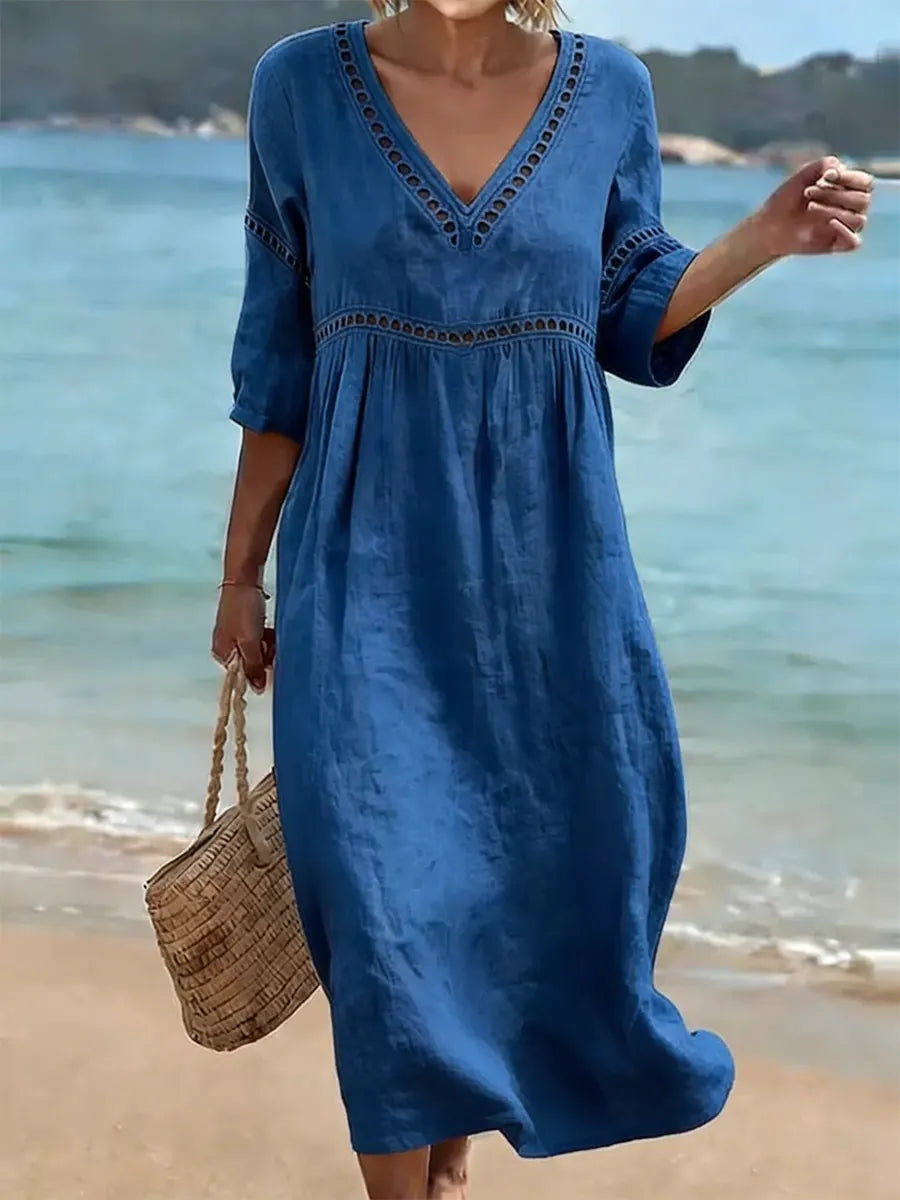 Summer dresses for women, v-neck midi dress with cut-out trim
