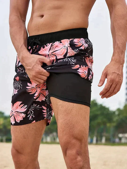 Board shorts for men with compression liner and drawstring waist