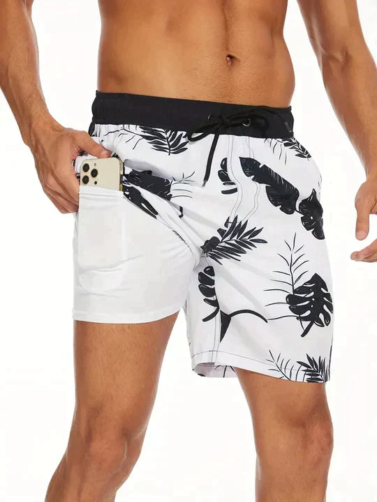 Board shorts for men with compression liner and drawstring waist