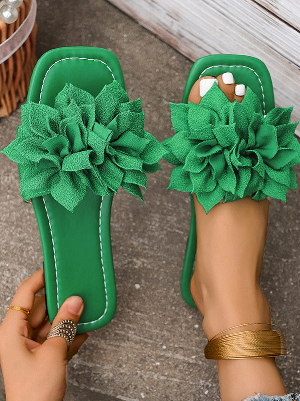 Women sandals with flower detail, open toe flat slides
