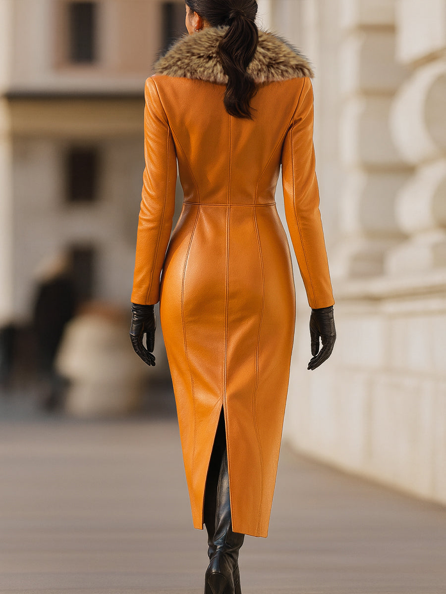 Faux leather midi dress for women with long sleeves
