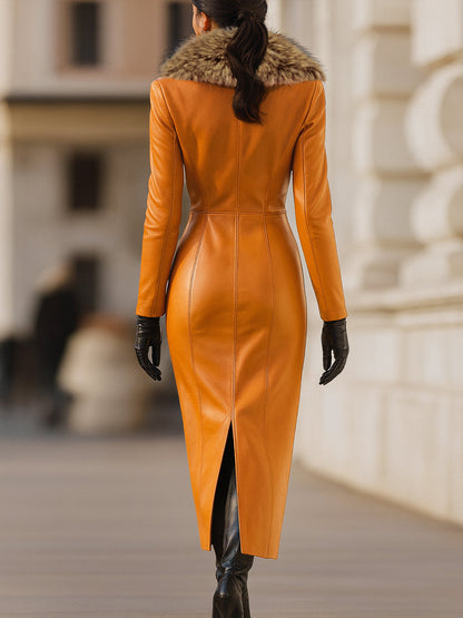 Faux leather midi dress for women with long sleeves