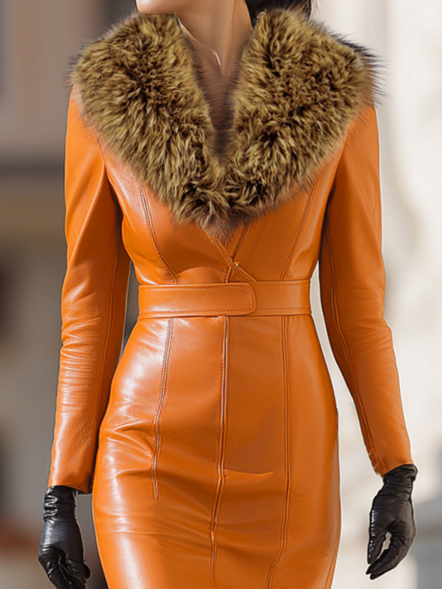 Faux leather midi dress for women with long sleeves