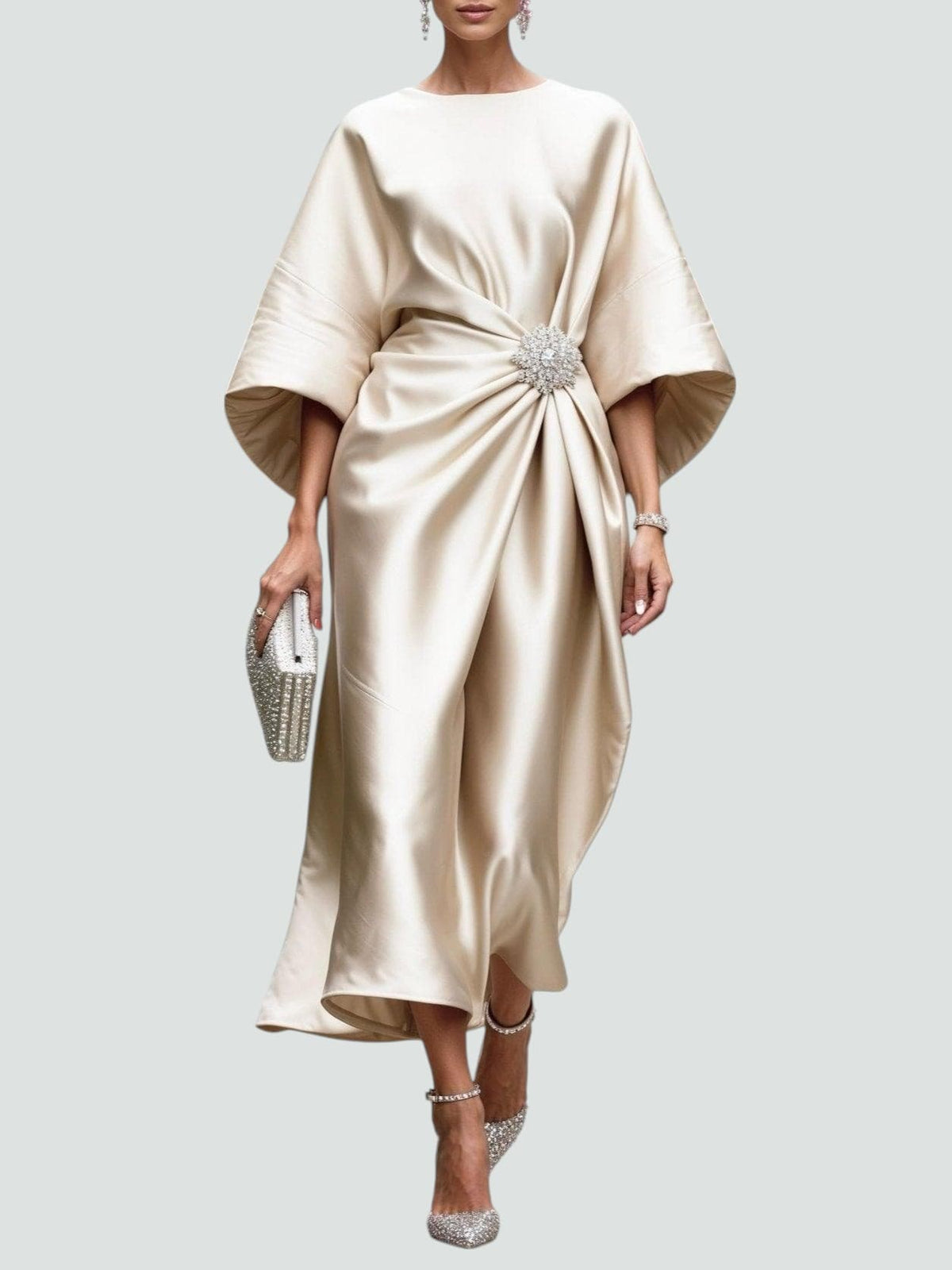 Formal dresses for women, cape sleeve draped maxi dress with brooch
