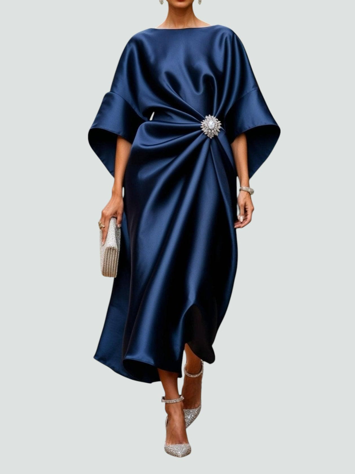 Formal dresses for women, cape sleeve draped maxi dress with brooch