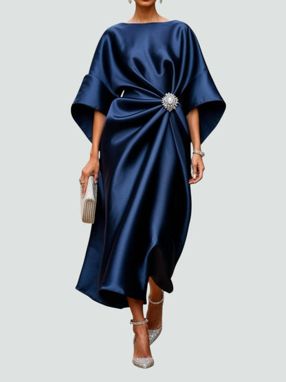 Formal dresses for women, cape sleeve draped maxi dress with brooch