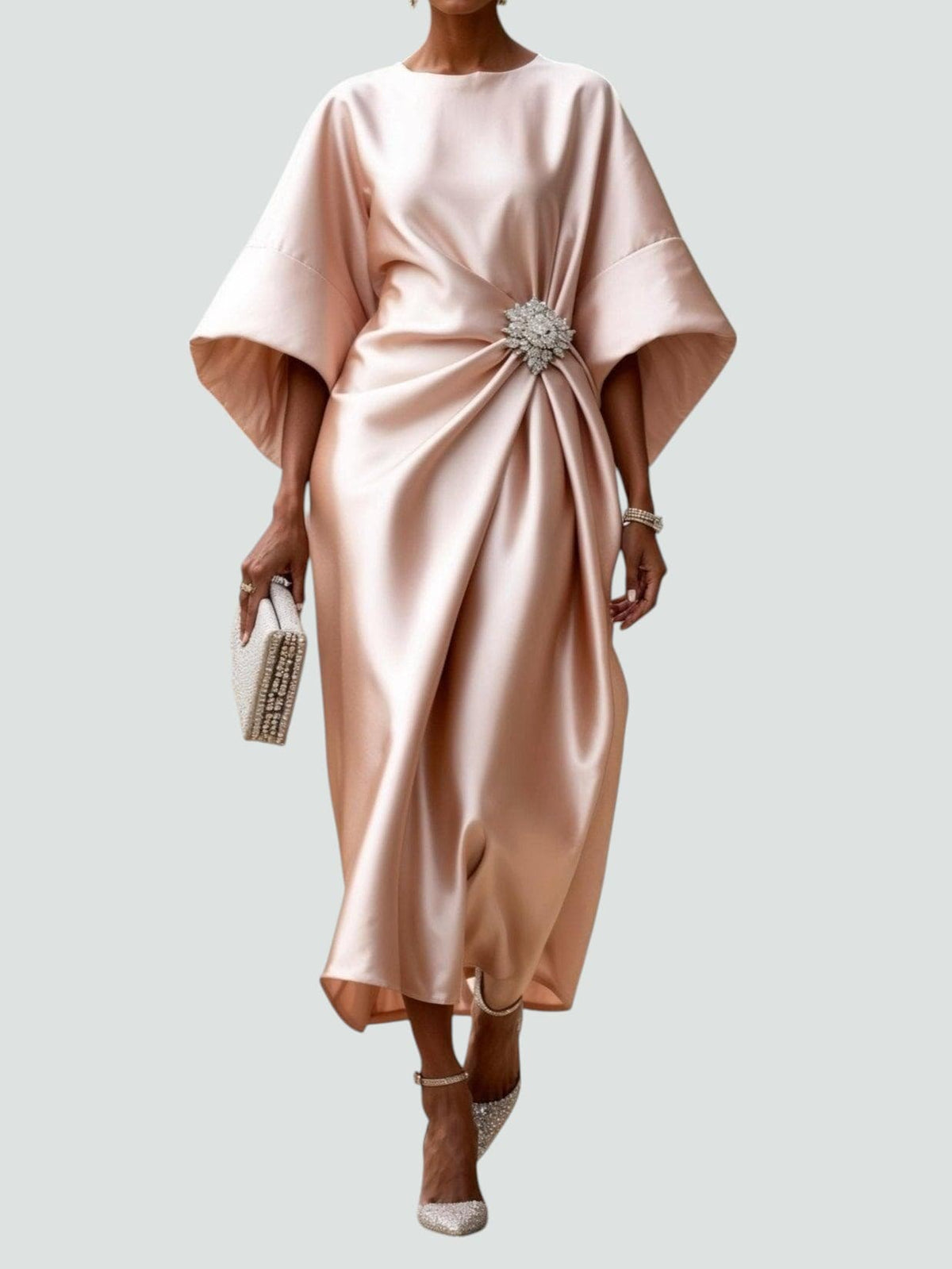 Formal dresses for women, cape sleeve draped maxi dress with brooch