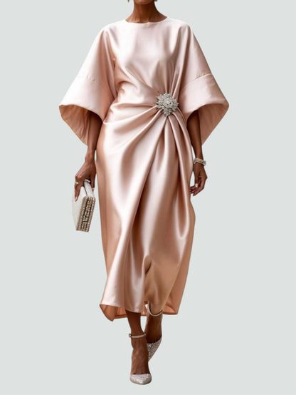 Formal dresses for women, cape sleeve draped maxi dress with brooch