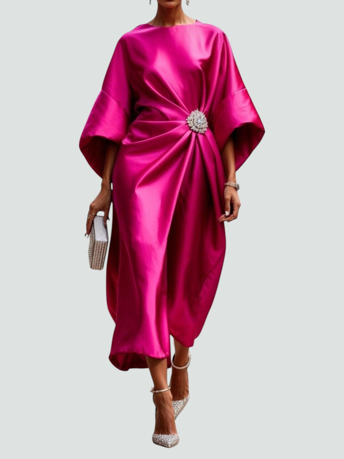 Formal dresses for women, cape sleeve draped maxi dress with brooch