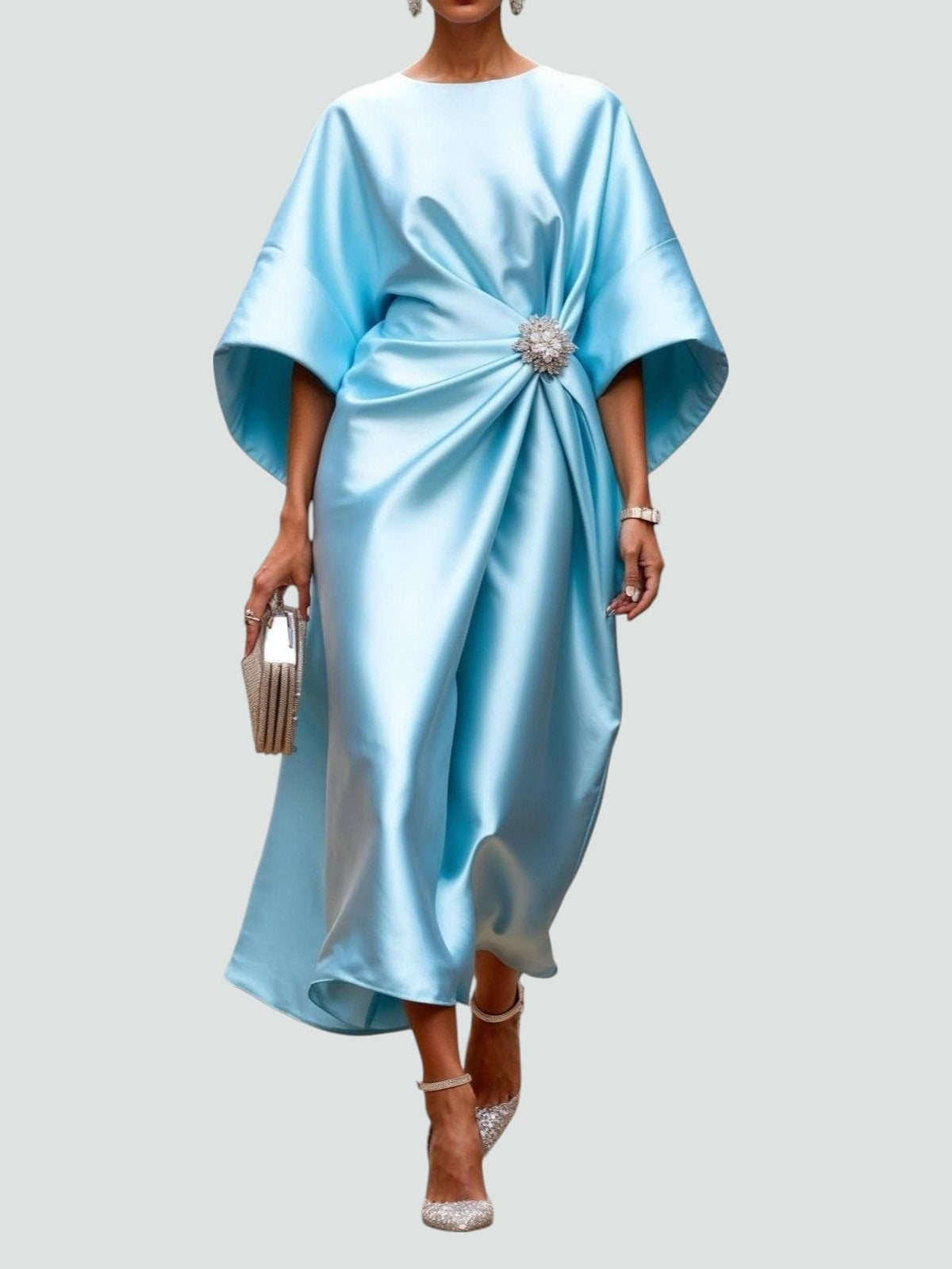 Formal dresses for women, cape sleeve draped maxi dress with brooch