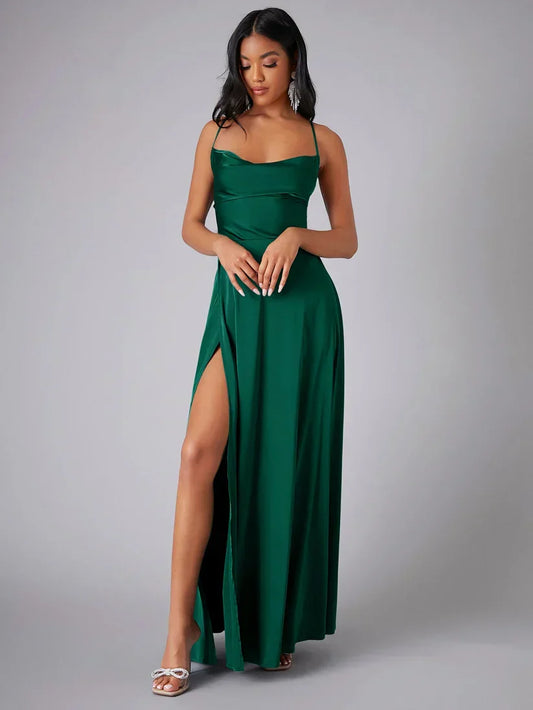 Formal dresses for women with cowl neck, spaghetti straps and open lace-up back